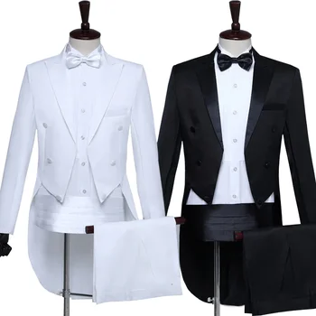 Мъжки класически черен бял лъскав ревер опашка палто смокинг сватба младоженец сцена певец костюми костюм магия изпълнение облекло