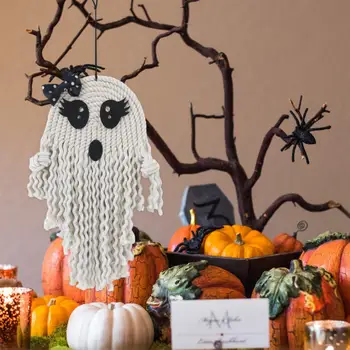 Висящ знак за парти за Хелоуин Уникална декорация на стена с пискюли Призрачен призрачен орнамент гоблен Ръчно изработено бохо за спалня