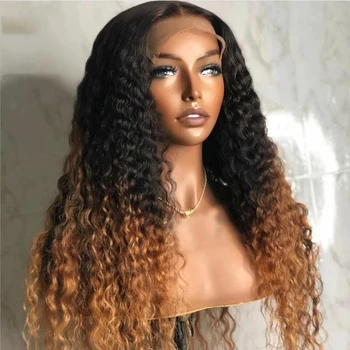 Естествена линия на косата Ombre Honey Blonde Soft Preplucked Glueless 180Density Long Kinky Curly Lace Front Wig For Women BabyHair Daily