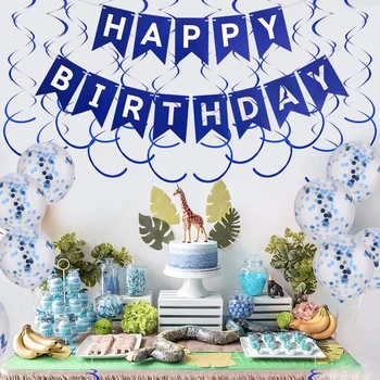 24pcs комплект 16 4 фута синя хартиена карта Честит рожден ден знак 12 инчов син латекс ясно балони Честит рожден ден банер конфети