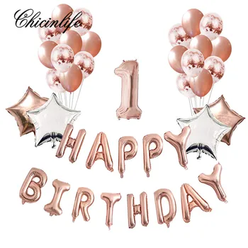 Chicinlife 38Pcs розово злато момче момиче Честит рожден ден идеи конфети балони първи рожден ден бебе душ парти декорации