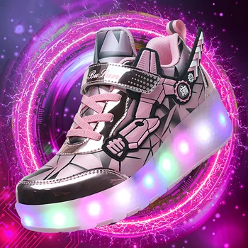 Висококачествени скейт обувки за детска мода LED светлина светещи маратонки деца две колела обувки за момчета момичета с USB зареждане