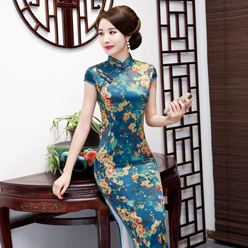 Китайски традиционен Qipao пролет лято ново шоу жените двоен слой млад дълго имитация коприна тънък Cheongsam ретро рокля