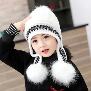 Чисто нова мода детски момичета плетени шапки зимно руно подплата ски зимни шапки топло ухо клапа външна шапка класически ветроупорен капачка