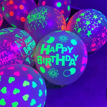 10pcs 12inch флуоресцентни балони Честит рожден ден флуоресцентни светещи латексови балони черна светлина блясък детски подаръчни парти консумативи